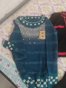 Embellished Blue Knit sweater cardigan and black s