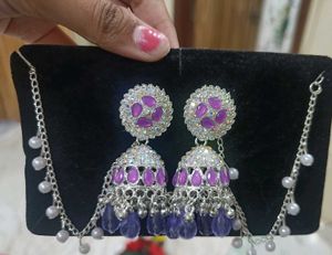 Purple Jhumka Earrings with Ear Chain