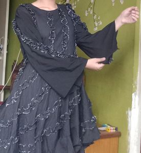 Ruffled Black Dress with Bell Sleeves