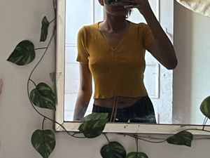 Yellow Ribbed Tie-Front Top