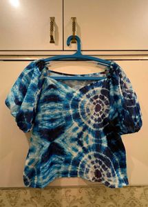 Blue Tie-Dye Puff Sleeve Top