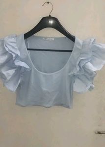Zara Blue Ruffle Sleeve Crop Top