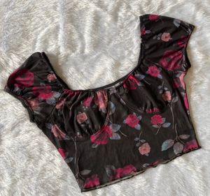 Urbanic Black Floral Printed Mesh Top