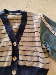 striped knit crop cardigan with denim sleeves