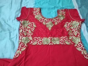 Red &amp; Gold Embroidered Anarkali Suit
