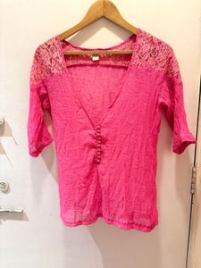 Pink Lace Trim Blouse