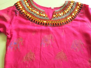Short Pink Kurti with Hand-Embroidered Mirror Work