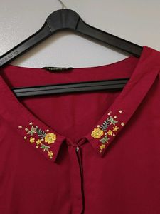 Maroon Top with Embroidered Collar