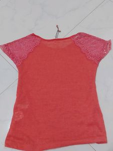 Coral Pink Top With Lace Sleeves9