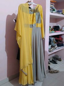 Elegant Yellow &amp; Grey Ethnic Dress