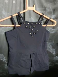 Elegant Dark Blue Pearl-Trimmed Top