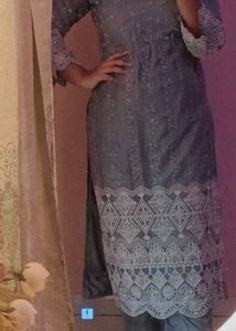 Embroidered Grey Kurti With Pant N Duppata Set