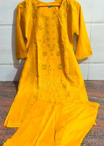 Golden Yellow Embroidered Kurti Set Xl