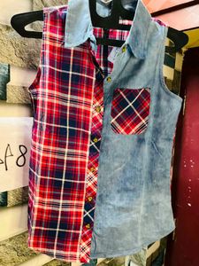 Women Check Sleeveless Denim Cotton Shirt Top