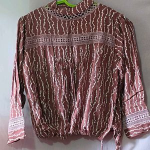 Brown Patterned Tie-Waist Blouse