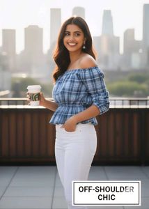 Blue Plaid Off-Shoulder Top