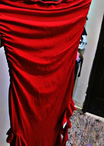 off shoulder red midi dress with side cuts