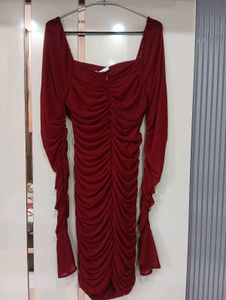 Burgundy Mesh Long Sleeve Dress