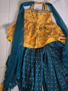 Vibrant Yellow &amp; Teal Dhoti Peplum Set