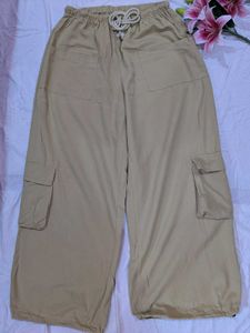 Beige Wide Leg Cargo Pants