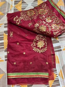 Maroon Embroidered saree