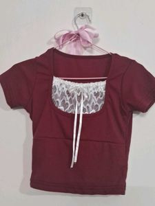 Maroon Lace Trimmed Crop Top