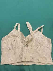 Embroidered Tie-Front Crop Top