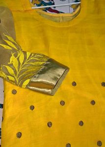 Yellow Kurti with Leaf + Polka Dots Design