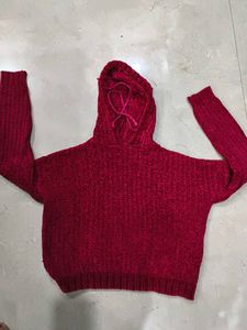 Red crop Knit Hoodie