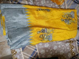 Yellow & Gray Printed Saree