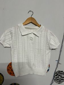 Cute White Knit Polo Top