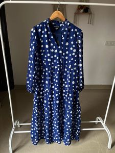 Tie Neck Tiered Blue polka DOT Midi dress