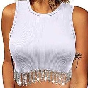 White Rhinestone Fringe Crop Top