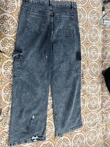 Grey Flared Cargo Denim