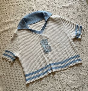 White &amp; Blue Knitted  Polo Crop Top
