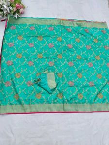 Teal Banarasi Silk Saree with Blouse