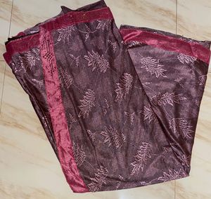 Synthetic Party Wear Peach Lace Fabric Lycra Saree