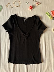 H&M  Black Ribbed V-Neck Top With Lettuce Trimming