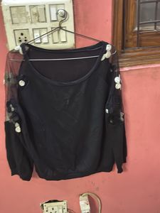 Elegant Black Top With Floral Embroidery Wit Net