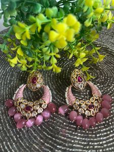 Pink Kundan Chandbali Earrings
