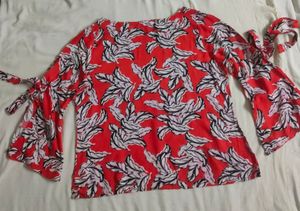 Branded Red Floral Top With Tie Up Sleeves