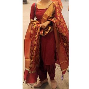 Maroon Cotton Salwar Suit with Ombre Dupatta