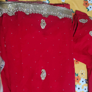 Shiffon bright red partywear saree, golden stone