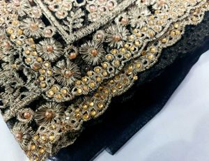 Black &amp; Gold Zari Work Embroidered Net Saree