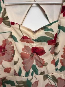 Cream-Coloured &amp; Maroon Floral Printed Dress