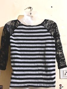 Striped Top with Lace Sleeves