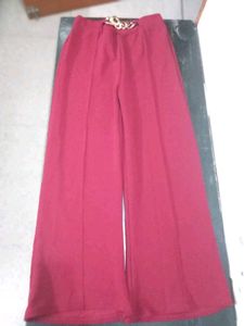 Maroon Wide-Leg Pants with Gold Chain Accent