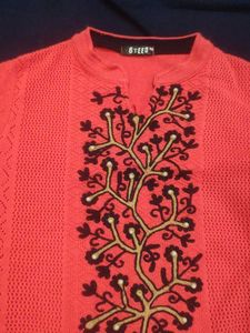 Embroidered Pink Woolen Kurti