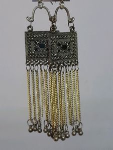 Gold Oxidised Square Earrings With Chain.