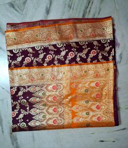 Wine &amp; Orange Banarasi Saree